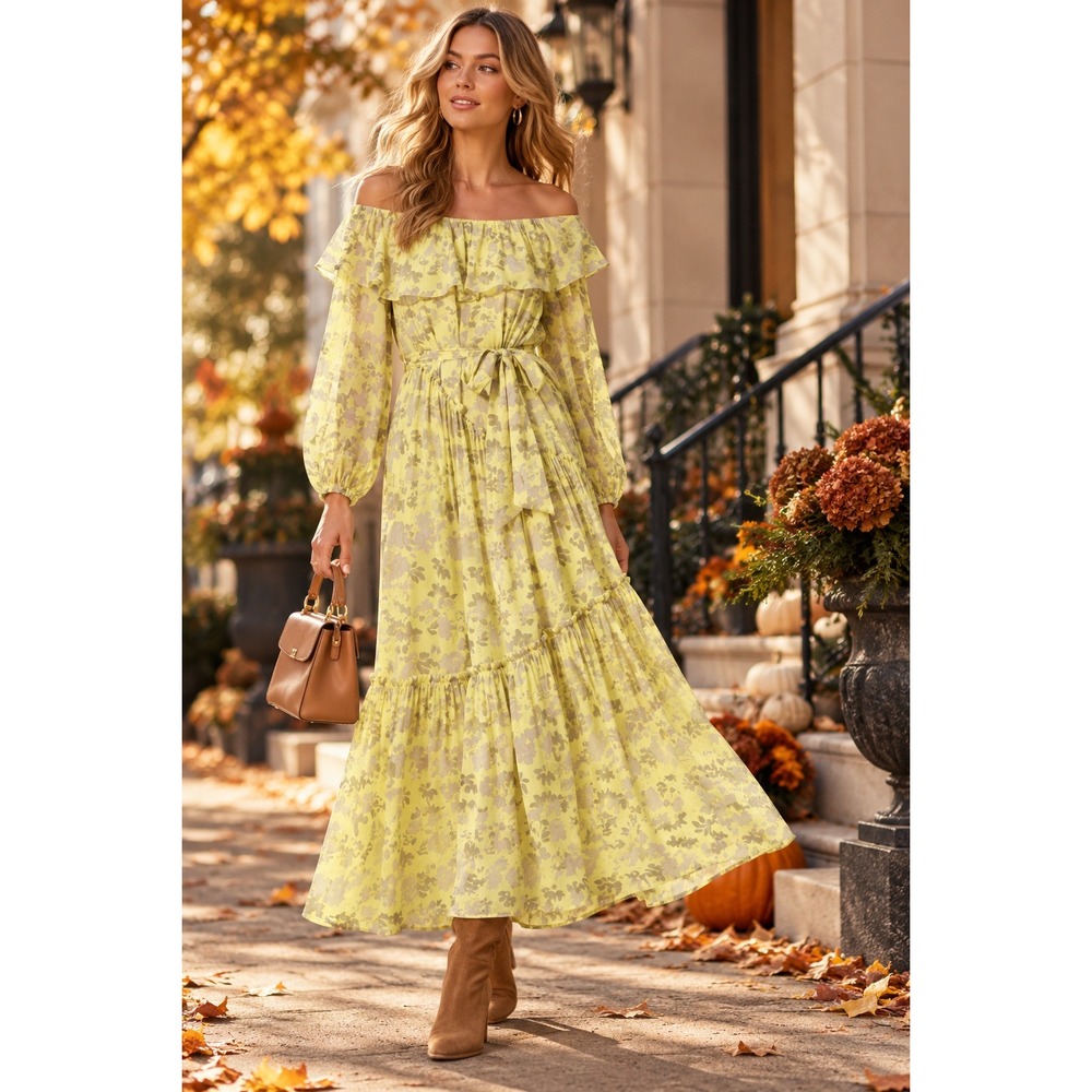 NWT ASTR The Label Kaylani Yellow Floral Off the Shoulder Maxi Dress ($168) XS